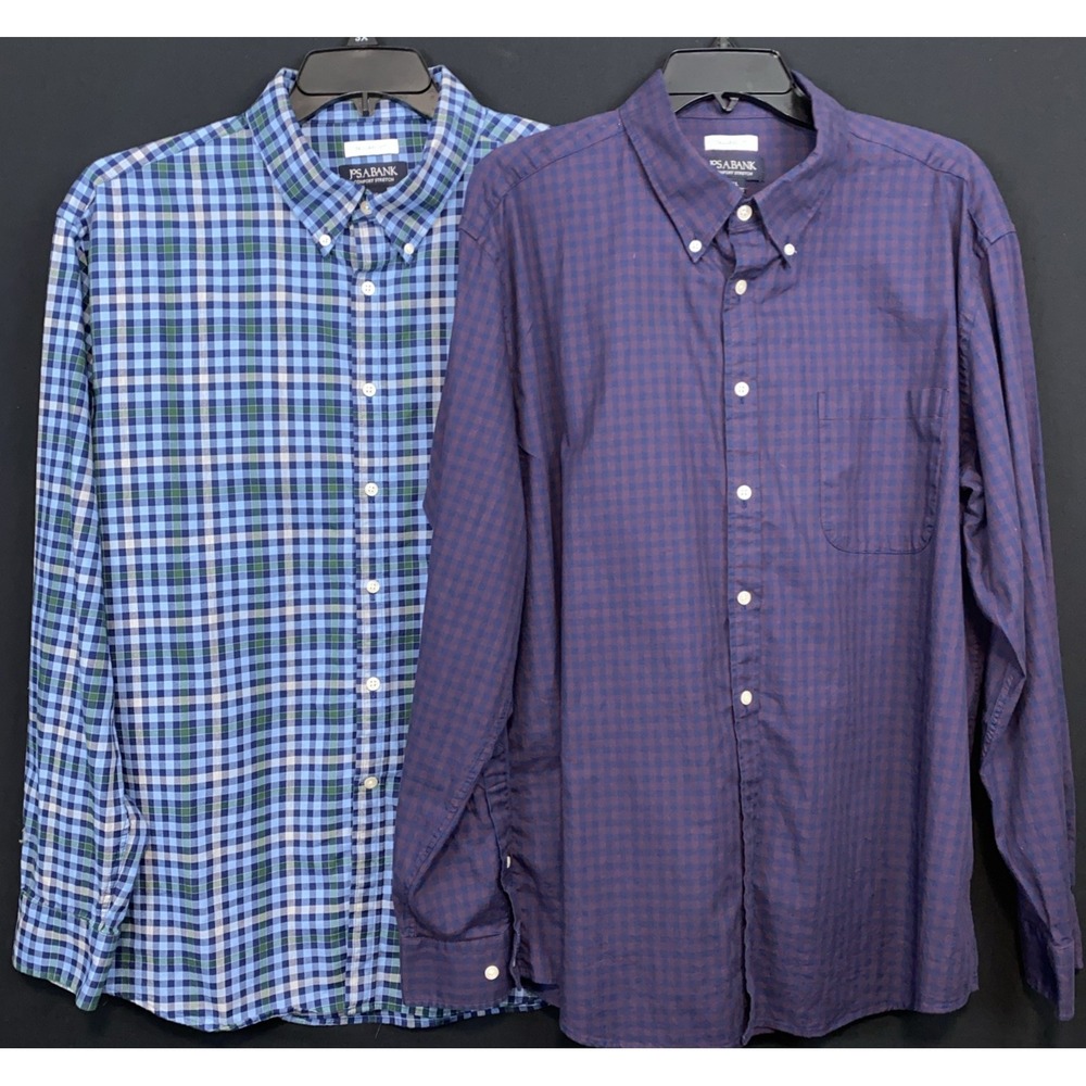 Lot of 2 Jos A Bank Mens XL Comfort Stretch Gingham Check Cotton Tailored Fit